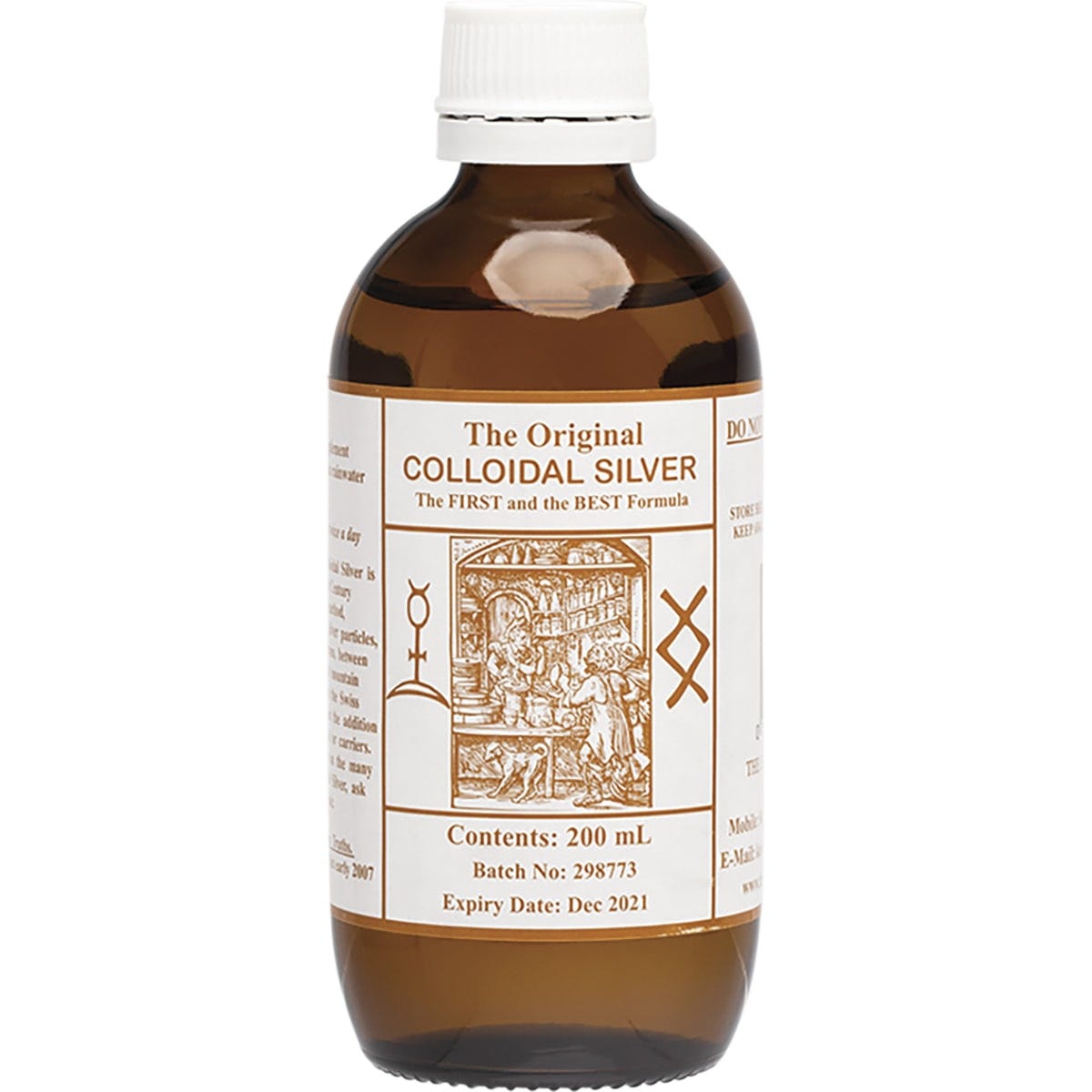 200ml bottle of Original Colloidal Silver with a blue and white label featuring silver and blue text.