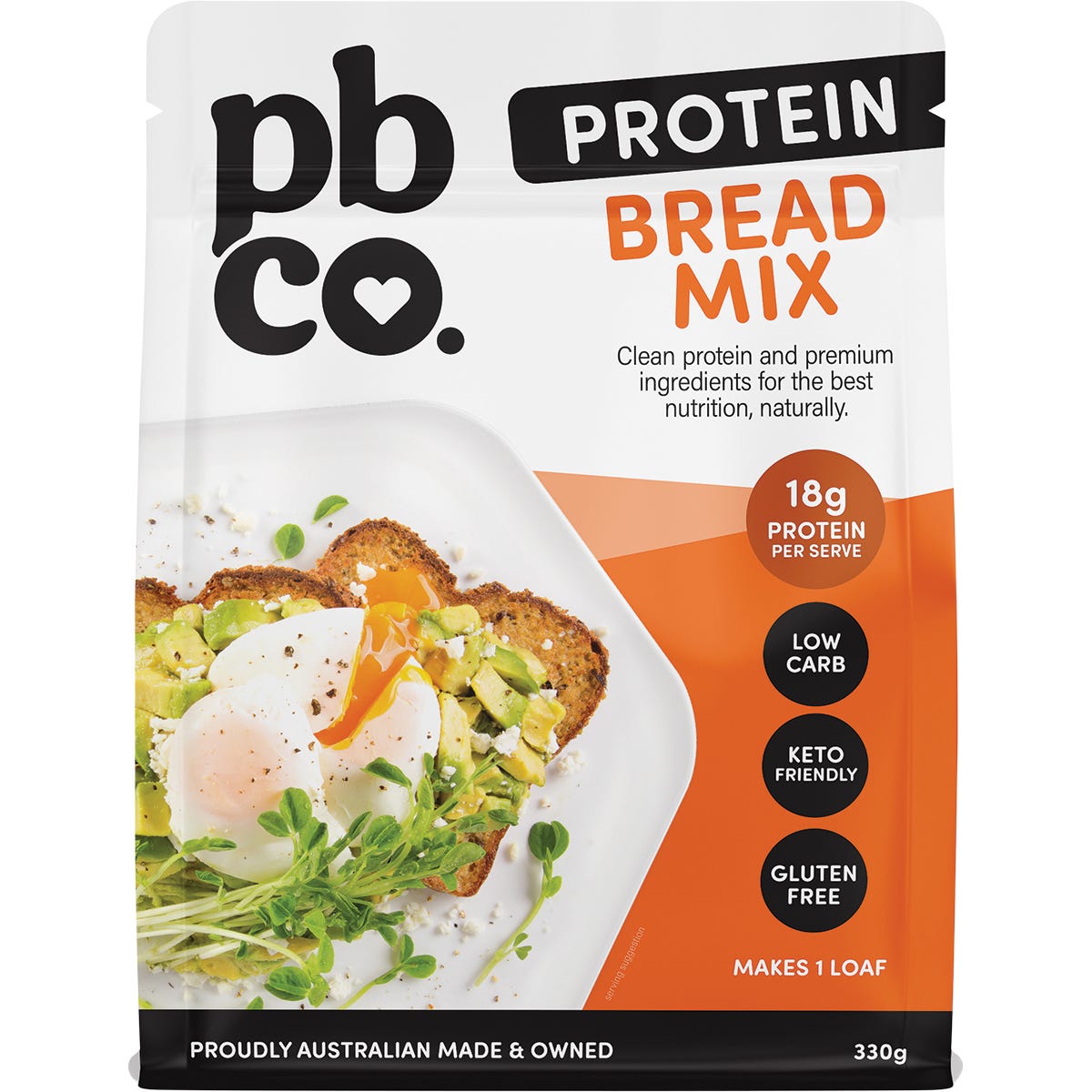 PBco Protein Bread Mix 330g bag featuring a sliced loaf of low carb bread on a dark background.