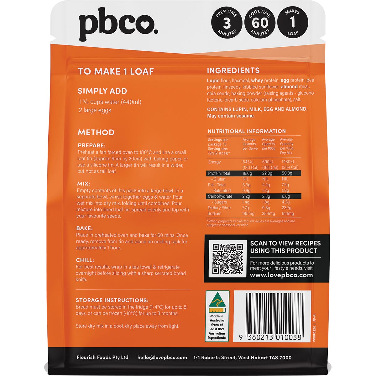 Back of PBco Protein Bread Mix 330g bag with nutrition facts, ingredients, and baking instructions.