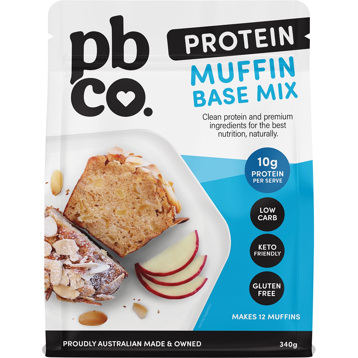 340g bag of PBCo Protein Muffin Mix Plant Protein featuring a base mix with a hint of vanilla and a simple baking process.