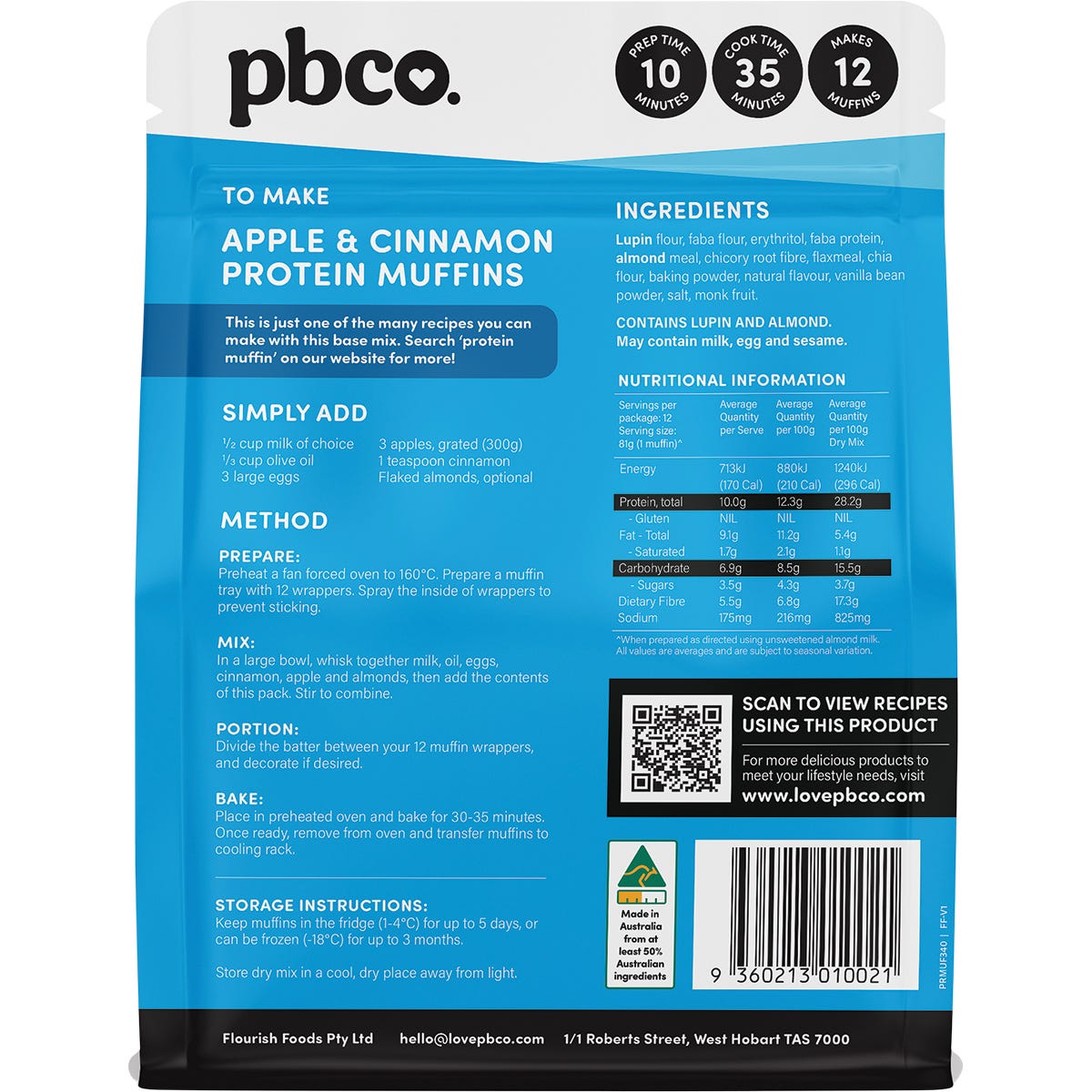 Back of PBCo Protein Muffin Mix bag featuring nutrition facts, ingredients list, and baking instructions.
