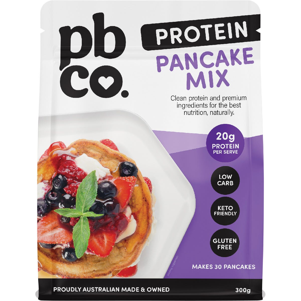 300g bag of PBCo Protein Pancake Mix featuring a stack of fluffy pancakes with berries and syrup on the label.