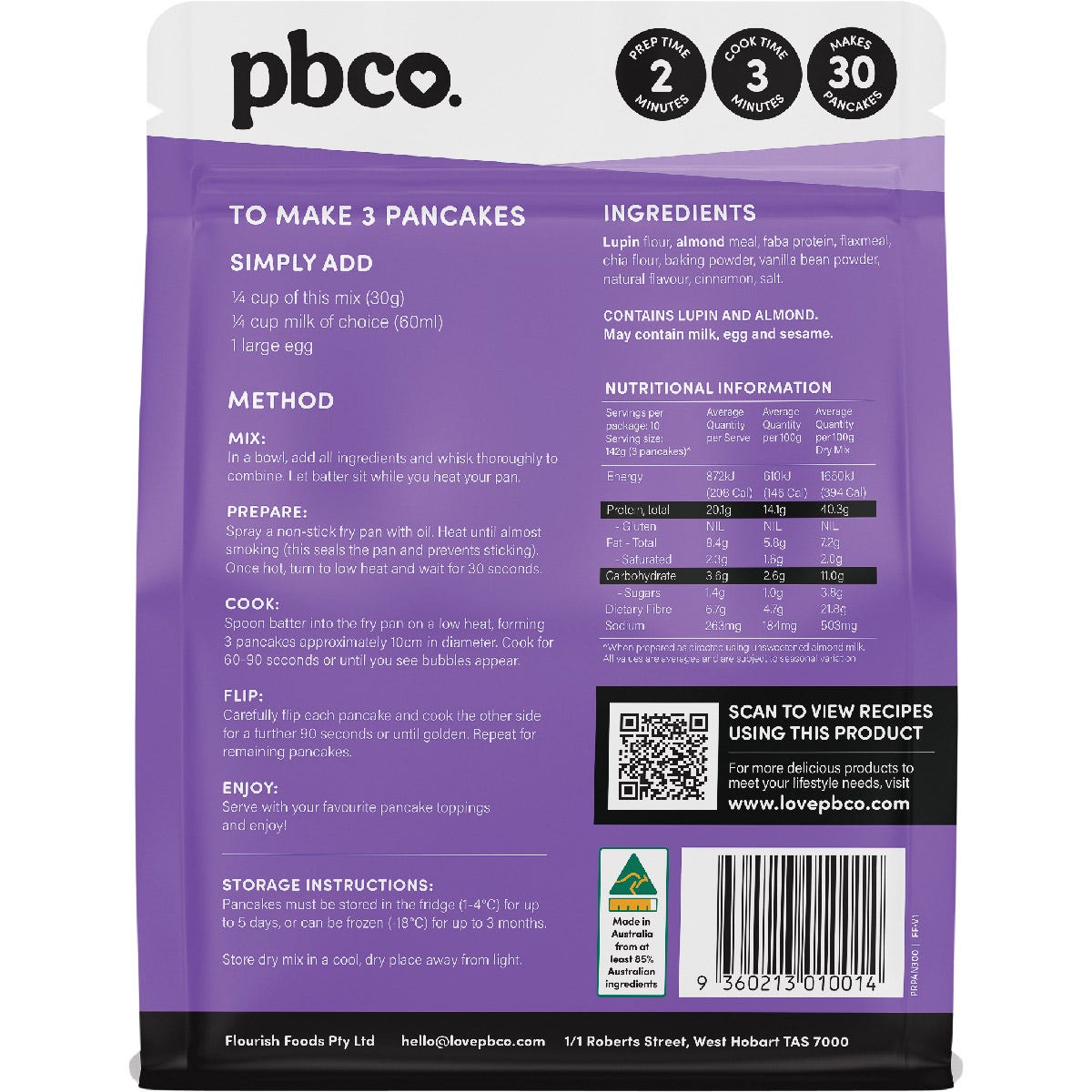 Back of PBCo Protein Pancake Mix 300g bag with nutrition facts, ingredients, and cooking instructions.