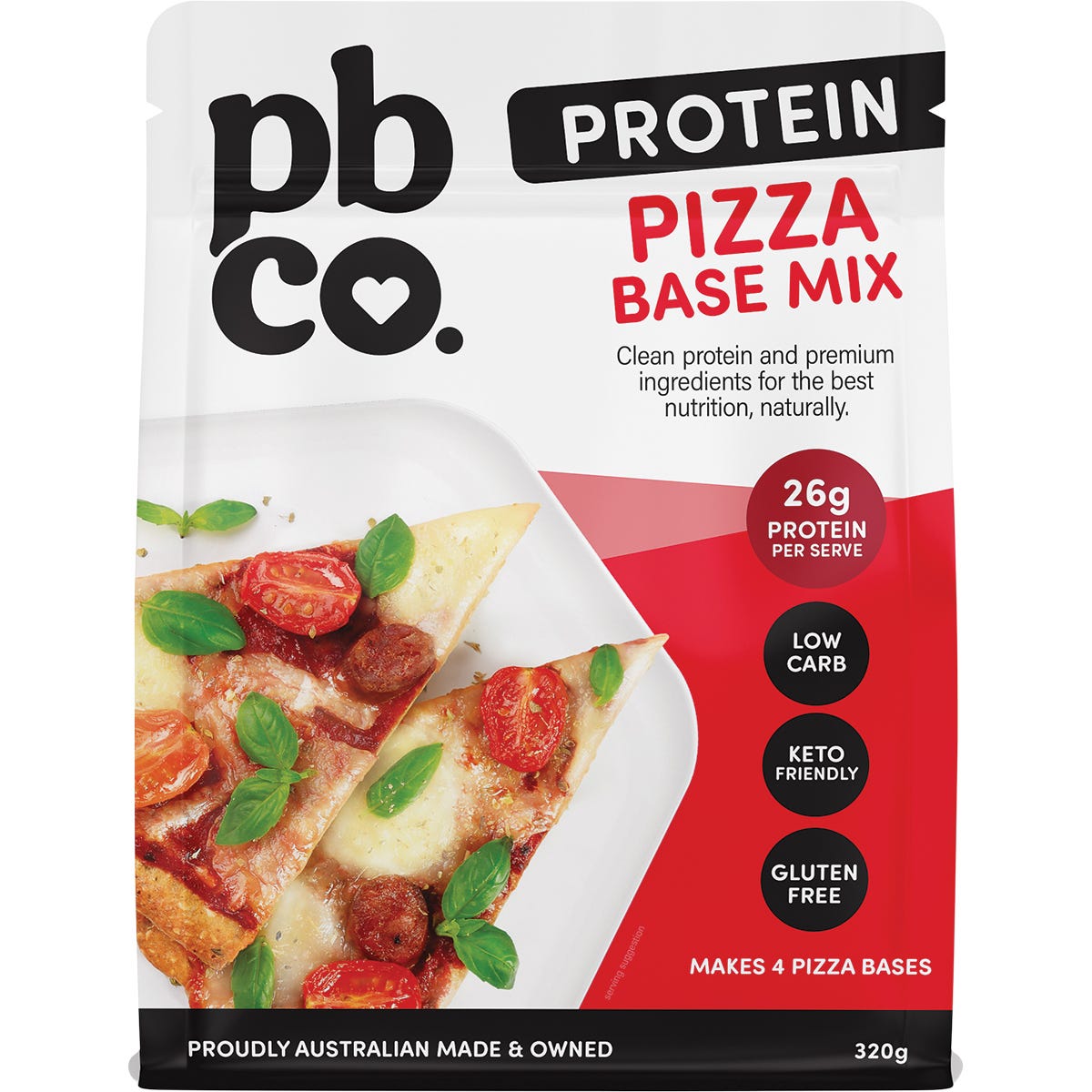 320g pouch of PBCo Protein Pizza Base mix featuring a thin and crispy keto-friendly crust on a blue label.