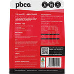 Back of PBco Protein Pizza Base 320g pouch showing nutrition facts, ingredients, and easy mix-pour-bake instructions.