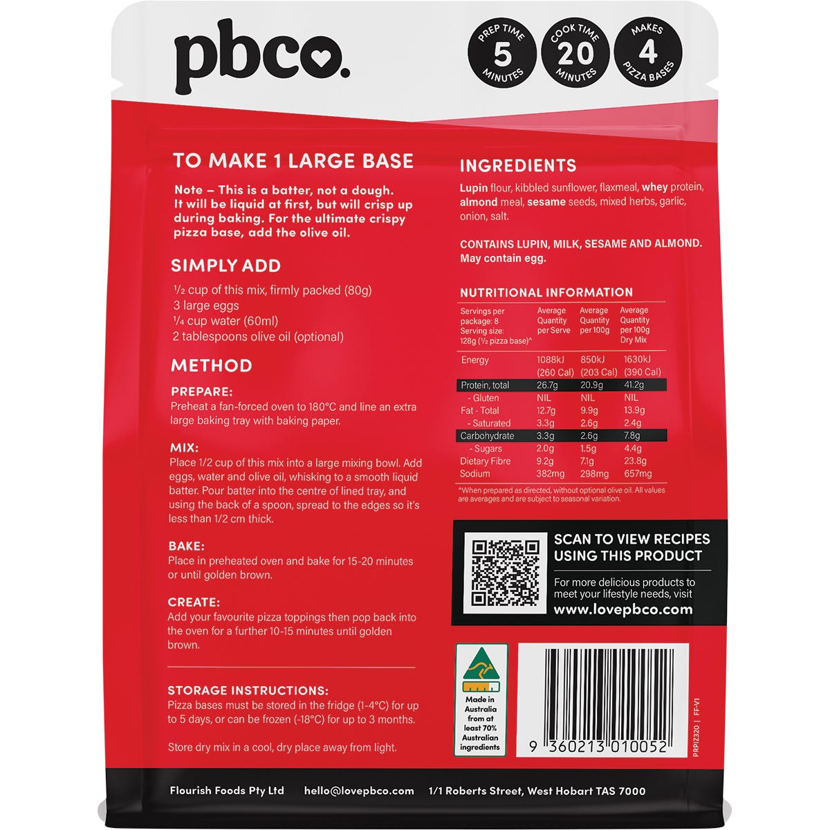 Back of PBco Protein Pizza Base 320g pouch showing nutrition facts, ingredients, and easy mix-pour-bake instructions.