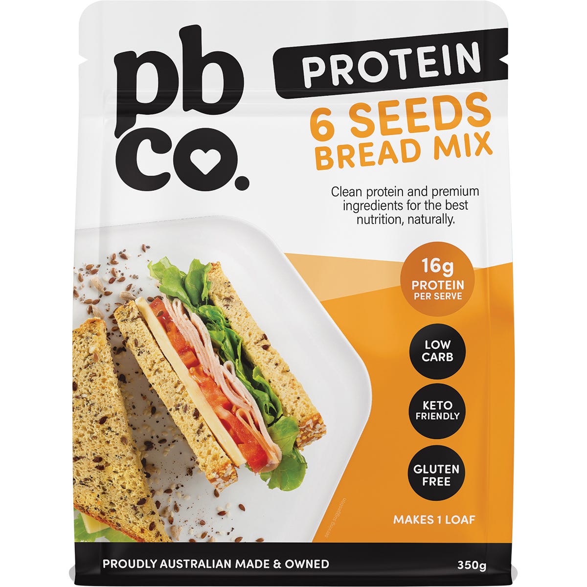 PBCo Protein 6 Seeds Bread Mix 350g bag featuring a seedy loaf slice, keto-friendly and gluten-free.