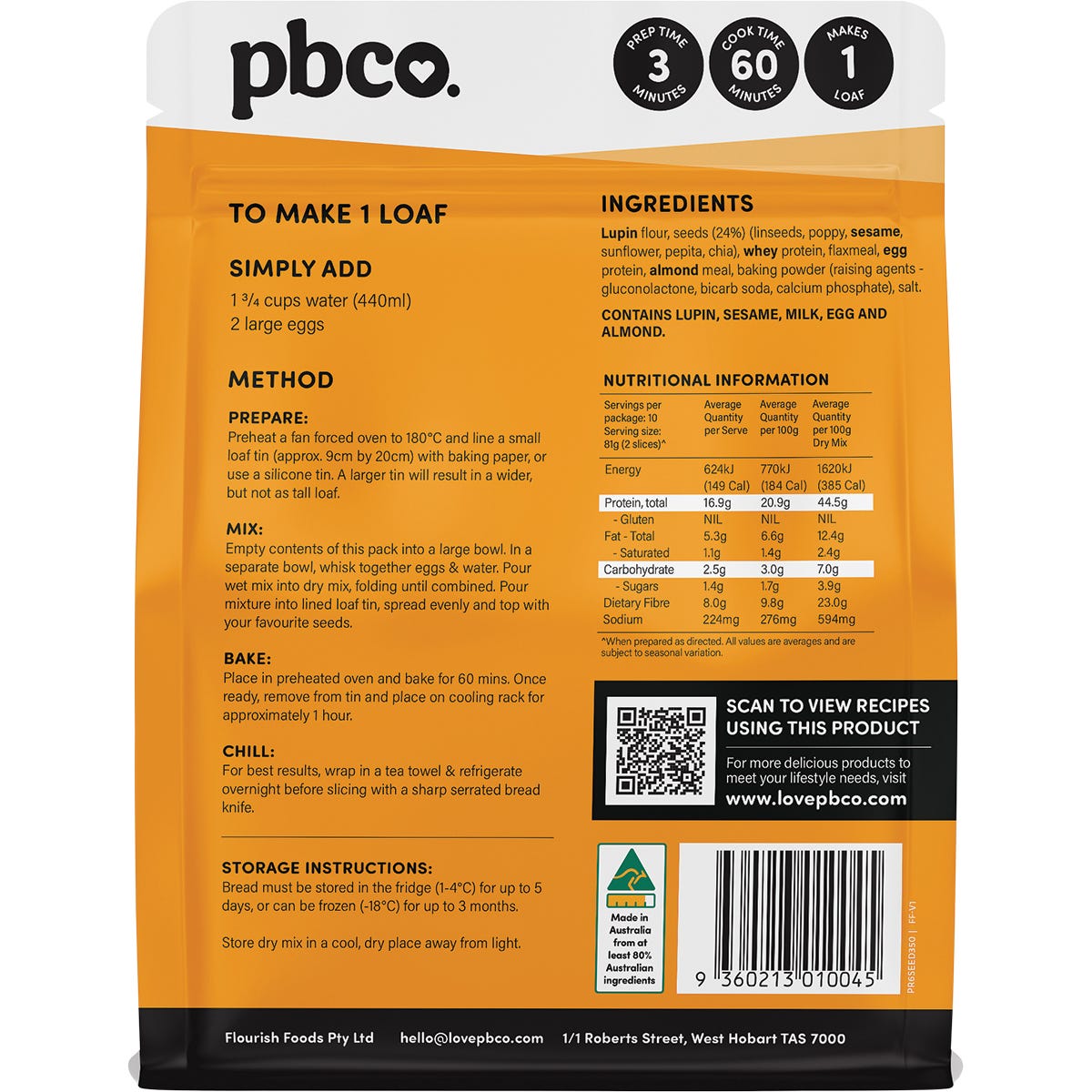 Back of PBCo Protein 6 Seeds Bread Mix 350g bag showing nutrition facts and ingredients on a white background.