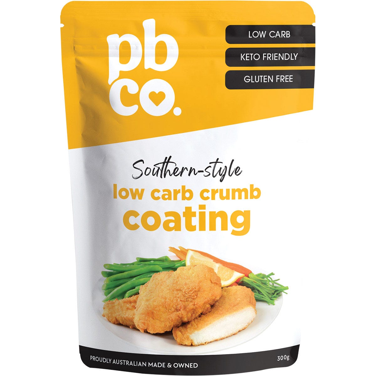 300g bag of PBCo Low Carb Crumb Original, a keto-friendly, gluten-free breadcrumb alternative with herbs and spices.