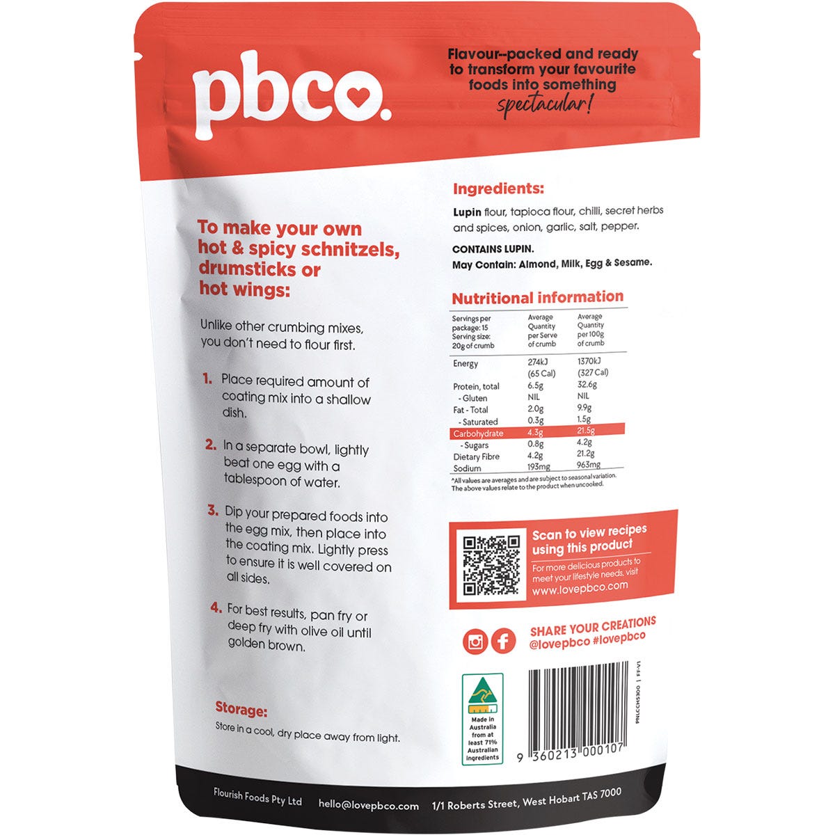 Back of 300g PBCo Low Carb Hot and Spicy Crumb bag showing nutritional facts and keto-friendly ingredients.