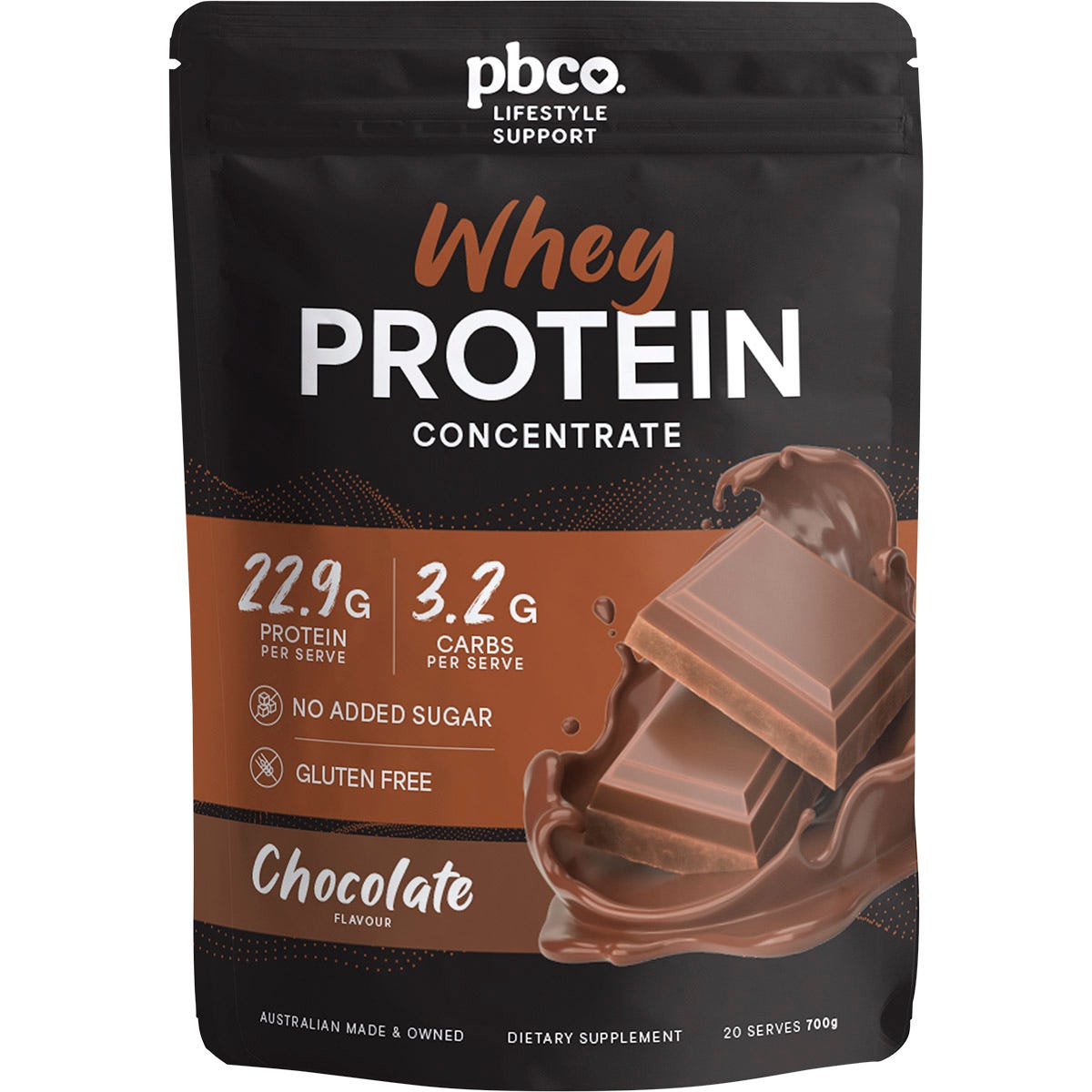 700g bag of PBco Chocolate Whey Protein Concentrate featuring a rich brown label on a white background.