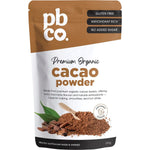 250g bag of PBCo Organic Cacao Powder featuring a rich chocolate flavor profile and sustainable sourcing.