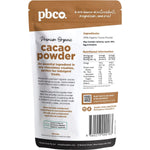 Back of PBCo Organic Cacao Powder 250g bag showing nutritional information, ingredients, and usage directions.