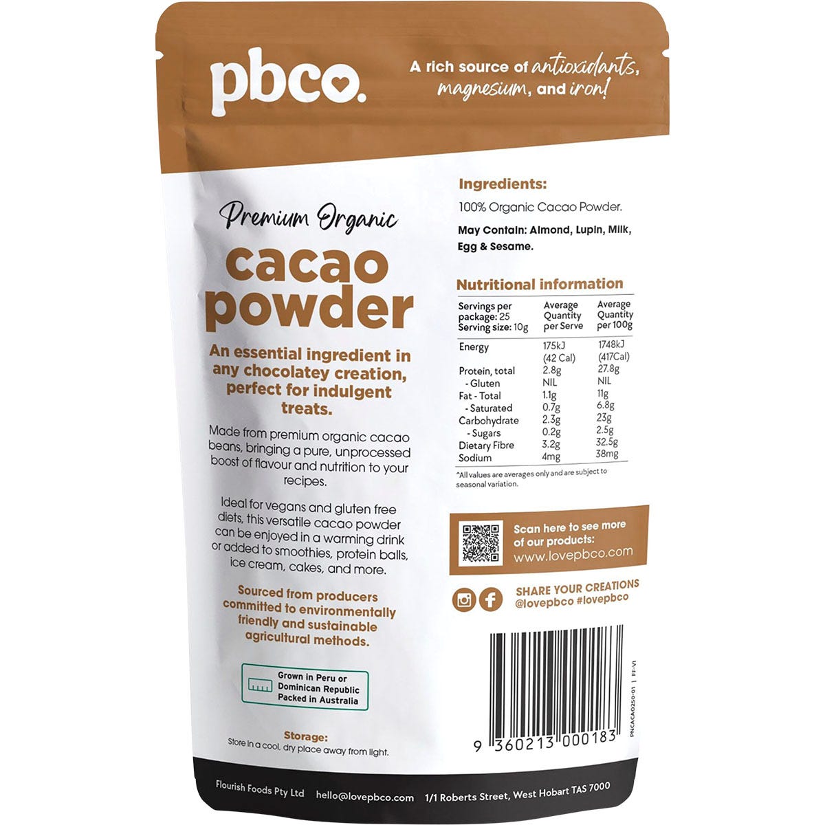 Back of PBCo Organic Cacao Powder 250g bag showing nutritional information, ingredients, and usage directions.
