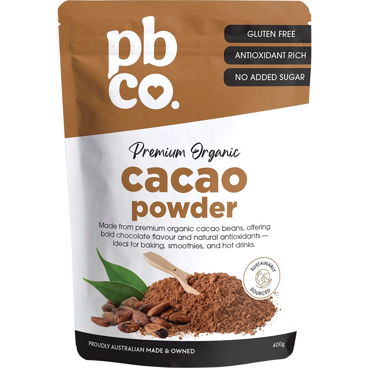 400g bag of PBCo Organic Cacao Powder featuring 100% organic cacao beans on a clean white background.