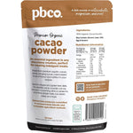 Back of PBCo Organic Cacao Powder 400g bag showing nutrition facts, ingredients, and directions on a white background.