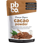 800g pouch of PBco Organic Cacao Powder featuring a brown label with botanical cocoa bean illustrations.