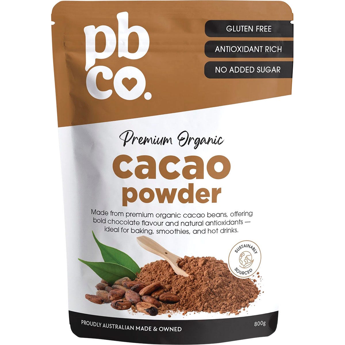 800g pouch of PBco Organic Cacao Powder featuring a brown label with botanical cocoa bean illustrations.