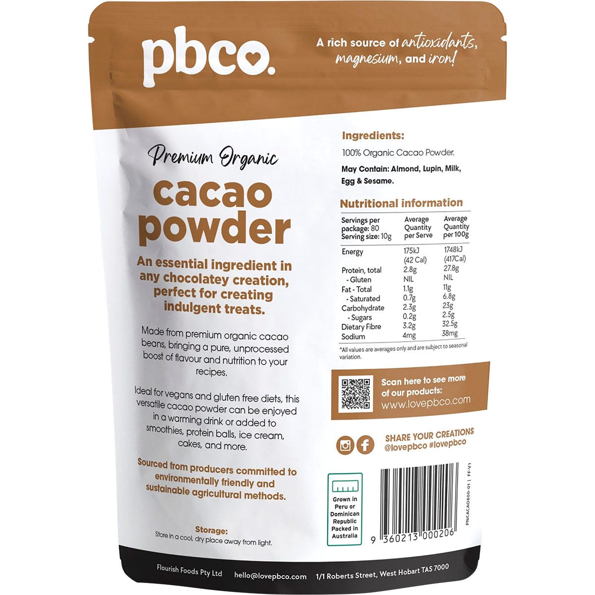 Back of a PBco Organic Cacao Powder 800g pouch featuring nutritional information and usage instructions.