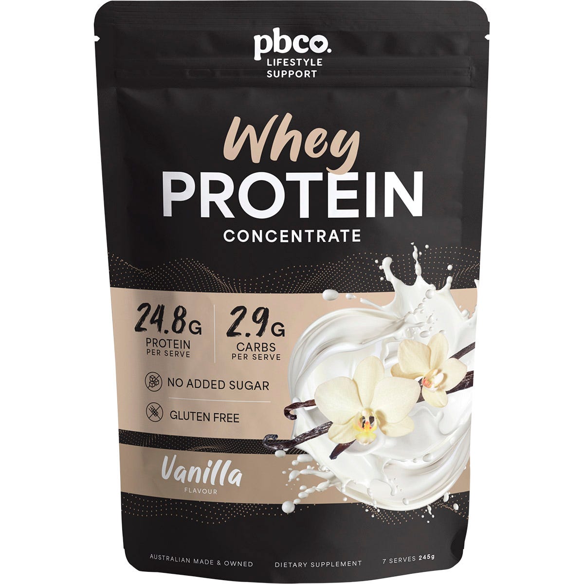245g bag of PBCo. Whey Protein Concentrate Vanilla with a white and blue label on a white background.