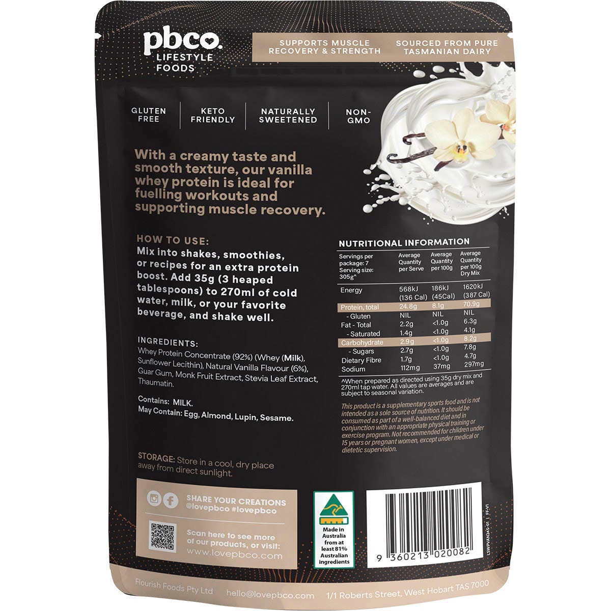 Back of PBCo. Vanilla Whey Protein Concentrate 245g bag with nutritional info and ingredients.