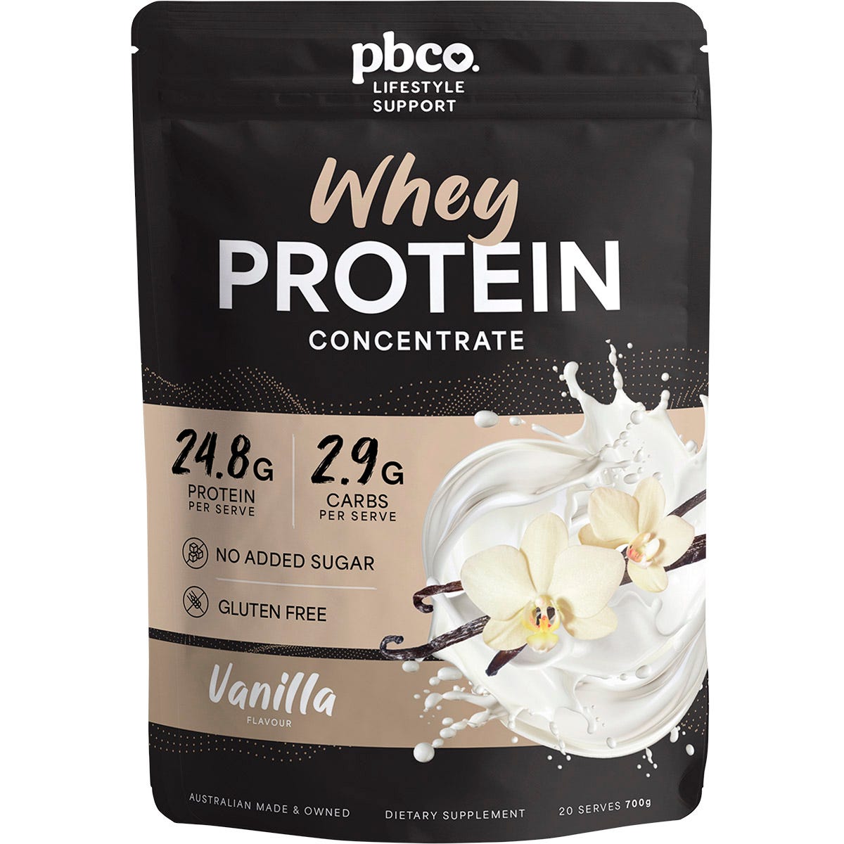 700g bag of PBco Vanilla Whey Protein Concentrate on a white background.