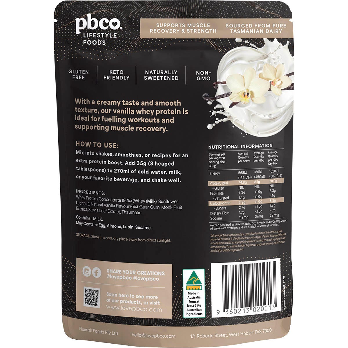 Back of a 700g PBco Vanilla Whey Protein Concentrate bag showing ingredients and nutritional information.