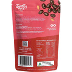 Back of PBCo Sweetly Free Dark Chocolate Almonds 110g bag showing nutritional information and ingredients.