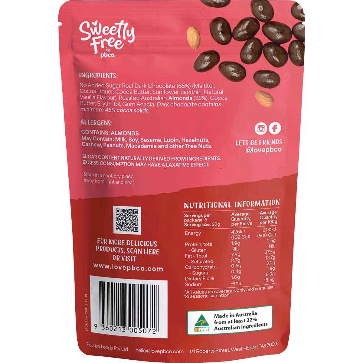 Back of PBCo Sweetly Free Dark Chocolate Almonds 110g bag showing nutritional information and ingredients.