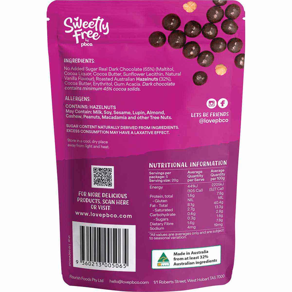 Back of a 100g bag of PBco Sweetly Free Hazelnuts Dark Chocolate showing nutritional information and ingredients.