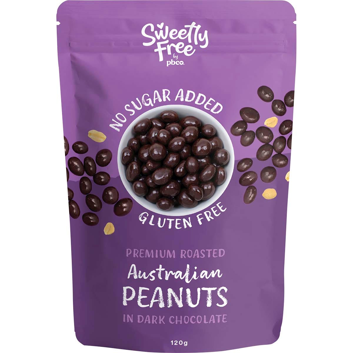120g bag of PBCo Sweetly Free no added sugar dark chocolate coated Australian peanuts.