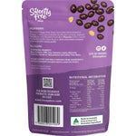 The back of a PBCo Sweetly Free Dark Chocolate Peanuts 120g bag showing nutritional facts and ingredients.