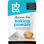 120g pouch of PBco Aluminium Free Baking Powder, a gluten-free and keto-friendly leavening agent on a white background.