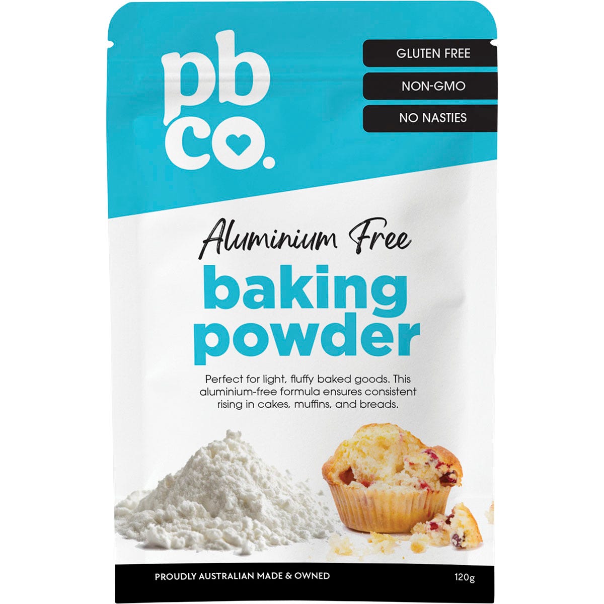 120g pouch of PBco Aluminium Free Baking Powder, a gluten-free and keto-friendly leavening agent on a white background.