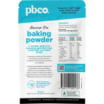 Back of 120g PBco Aluminium Free Baking Powder pouch showing ingredients, nutrition facts, and usage instructions.