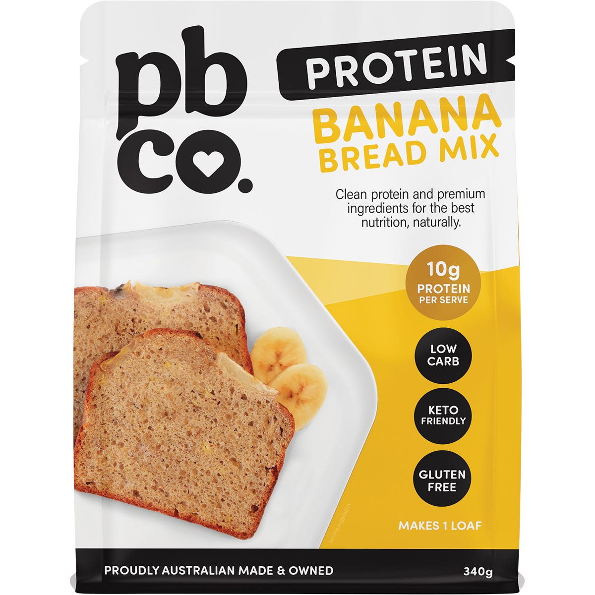 340g bag of PBCo Protein Banana Bread Mix featuring a plant-based protein formula with high protein and low carb benefits.