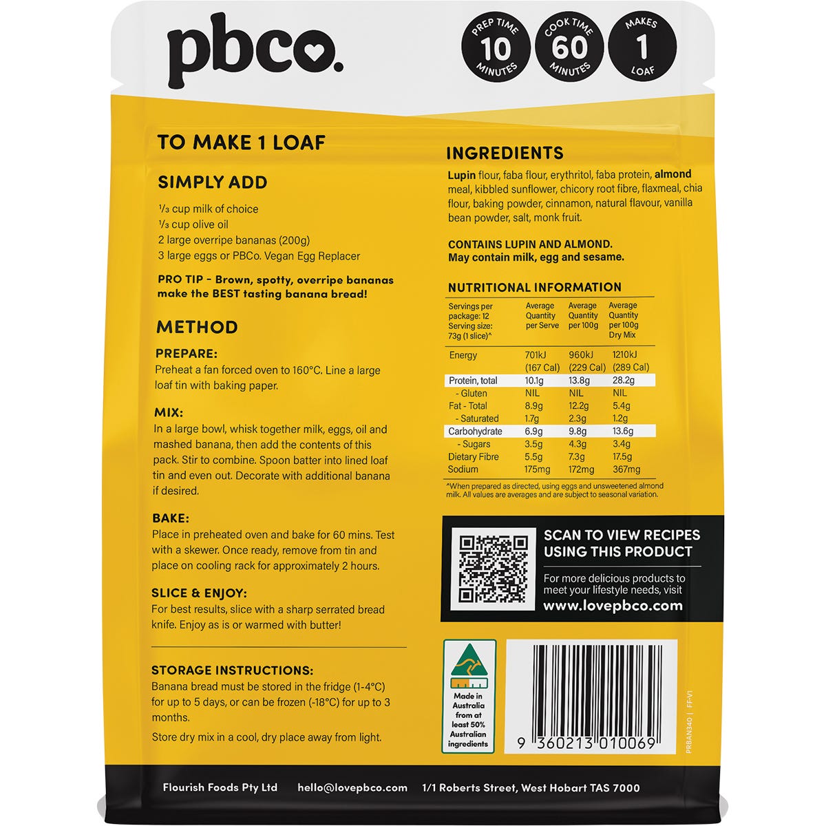 Back of PBCo Protein Banana Bread 340g bag showing nutrition facts, ingredients, and plant-based protein benefits.