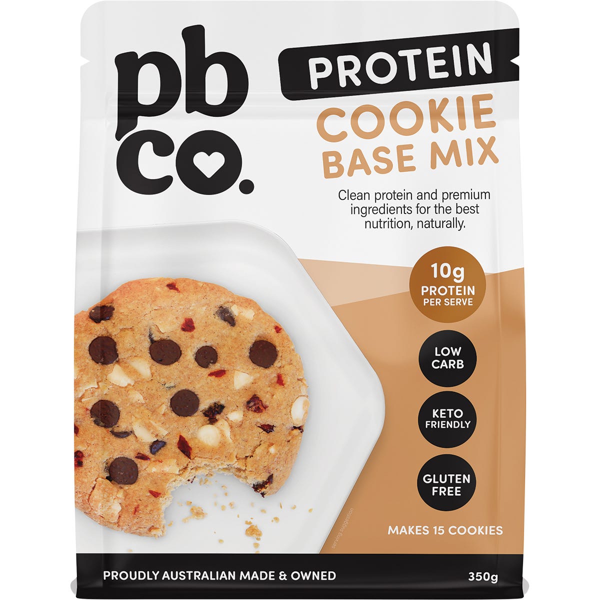 350g bag of PBCo Protein Cookie Base Mix with illustrations of cookies and natural ingredients.