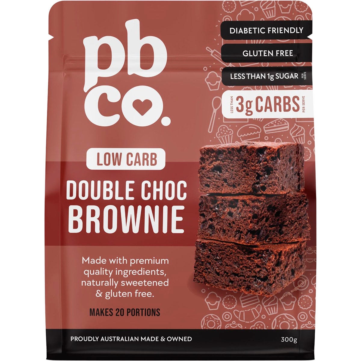 PBco Double Choc Brownie Low Carb 300g mix featuring a dark chocolate fudgy brownie image and product benefits.