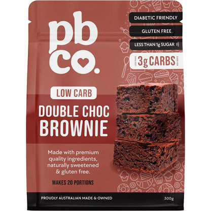PBco Double Choc Brownie Low Carb 300g mix featuring a dark chocolate fudgy brownie image and product benefits.