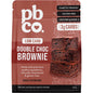 PBco Double Choc Brownie Low Carb 300g mix featuring a dark chocolate fudgy brownie image and product benefits.