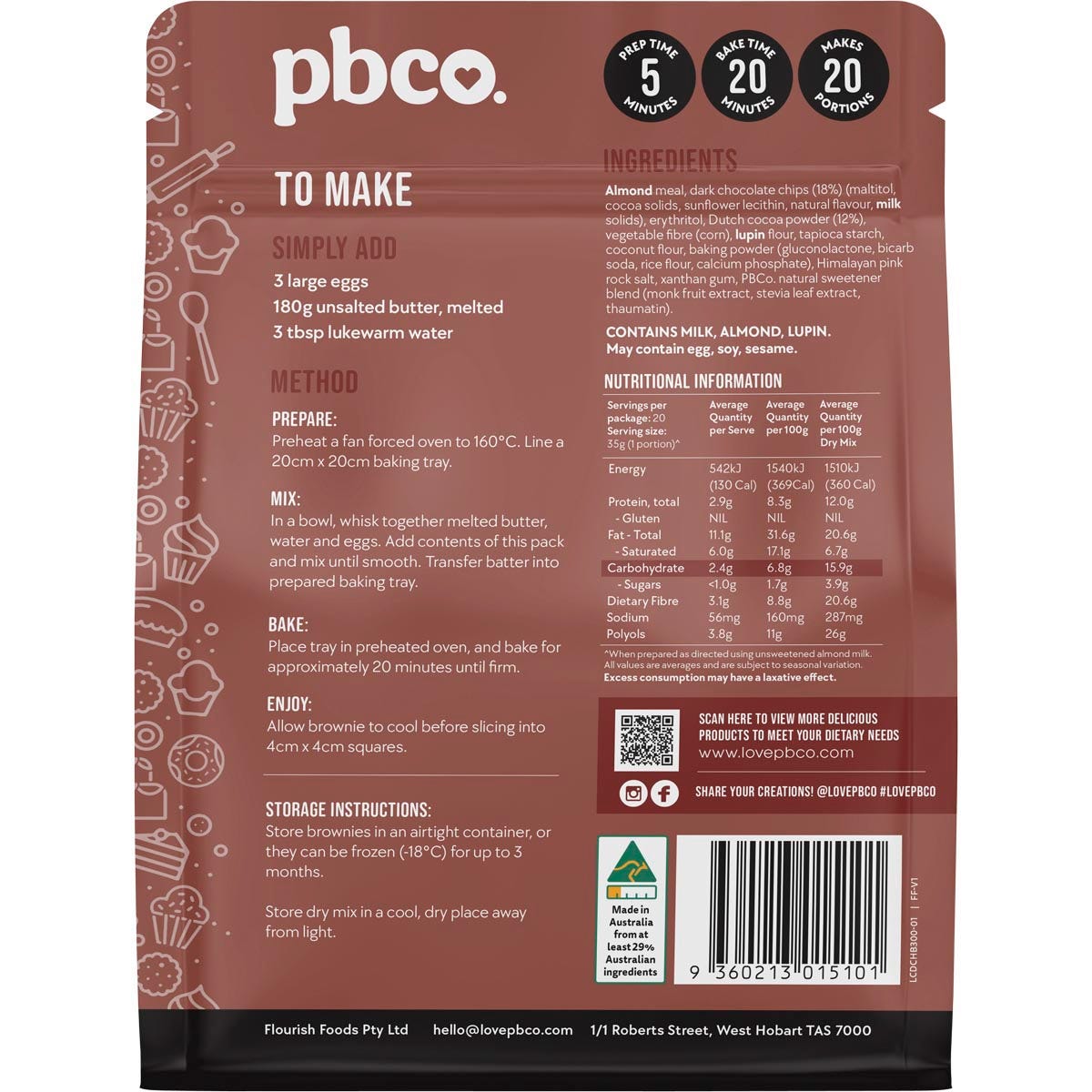 Back of PBCo Low Carb Double Choc Brownie 300g pack showing nutrition facts, ingredients, and baking instructions.