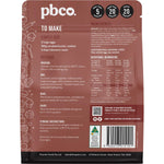 Back of PBCo Low Carb Double Choc Brownie 300g pack showing nutrition facts, ingredients, and baking instructions.