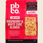 300g bag of PBCo Raspberry and White Choc Blondie low carb mix featuring a photo of sliced blondies.