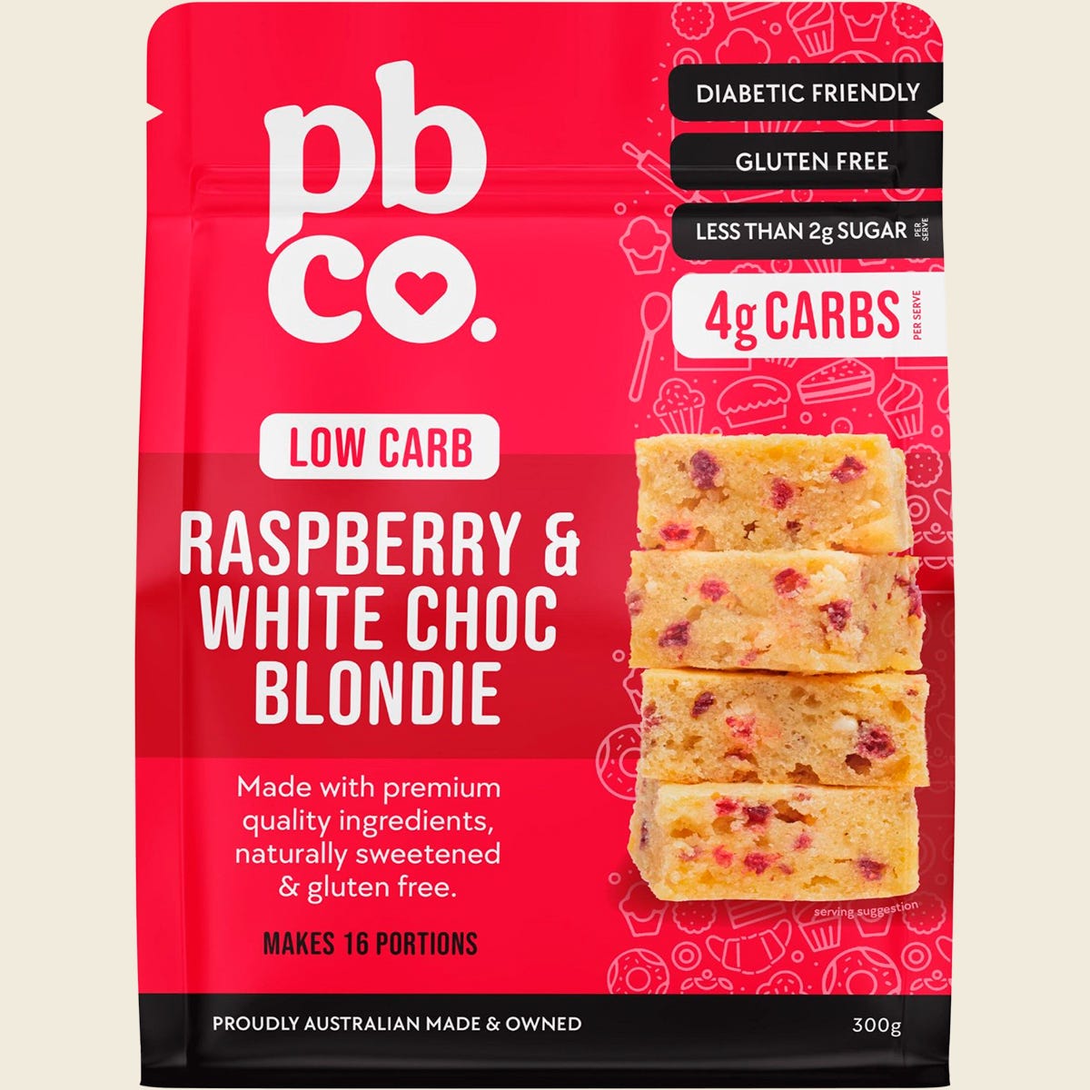 300g bag of PBCo Raspberry and White Choc Blondie low carb mix featuring a photo of sliced blondies.