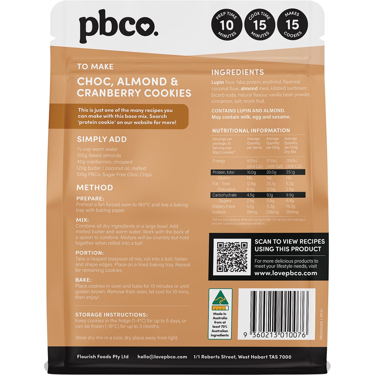Back of PBCo Protein Cookie Base Mix bag showing nutritional information, ingredients list, and easy baking instructions.