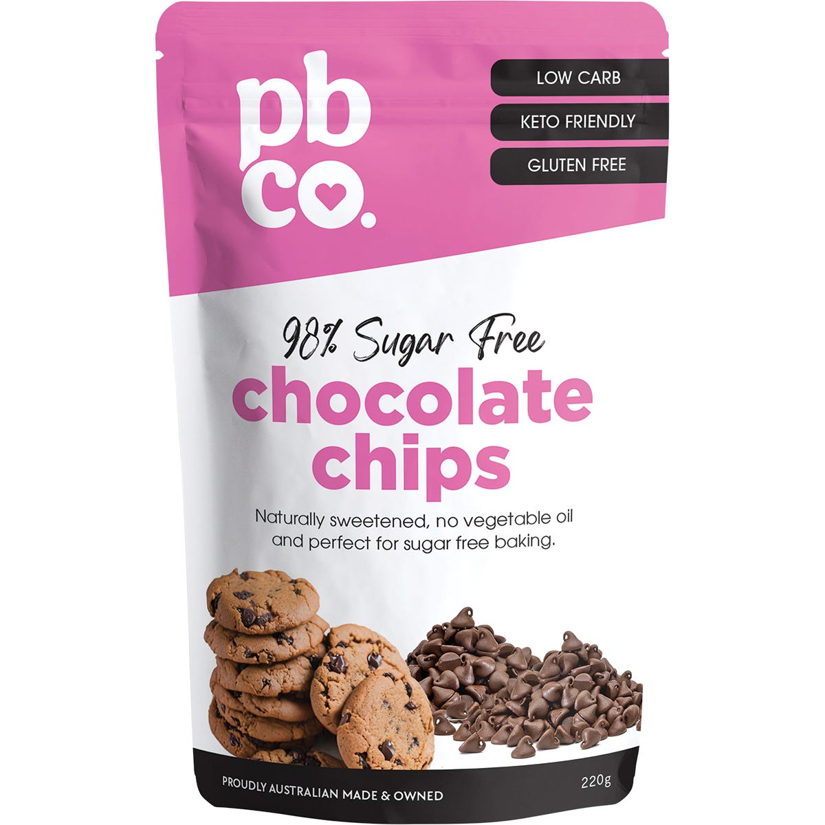 220g bag of PBco 98% Sugar Free Chocolate Chips on a white background.