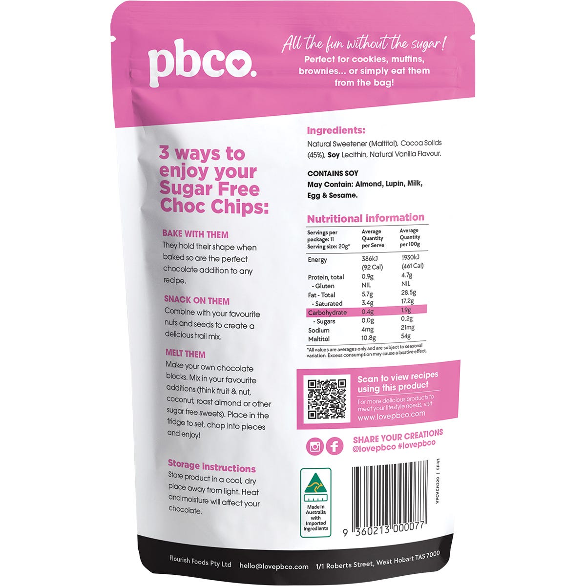 Back of PBco Chocolate Chips 220g bag showing nutritional information and ingredients on a white background.