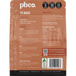The back of a 260g bag of PBCo. Chocolate Cupcake Mix showing nutrition facts, ingredients, and baking instructions.