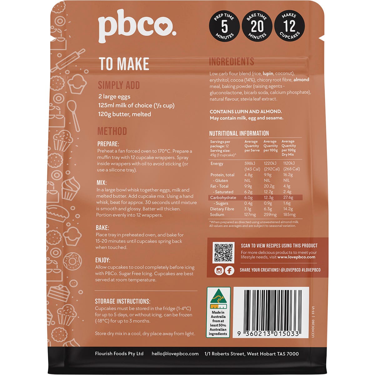 The back of a 260g bag of PBCo. Chocolate Cupcake Mix showing nutrition facts, ingredients, and baking instructions.